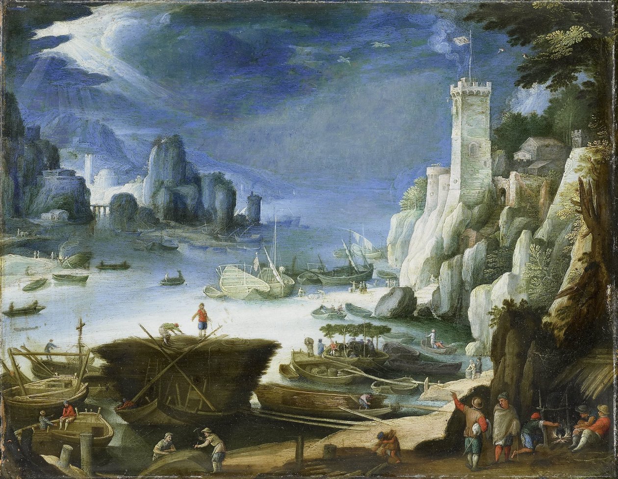 Flodudsigt med stor klippe af Paul Bril (copy after)