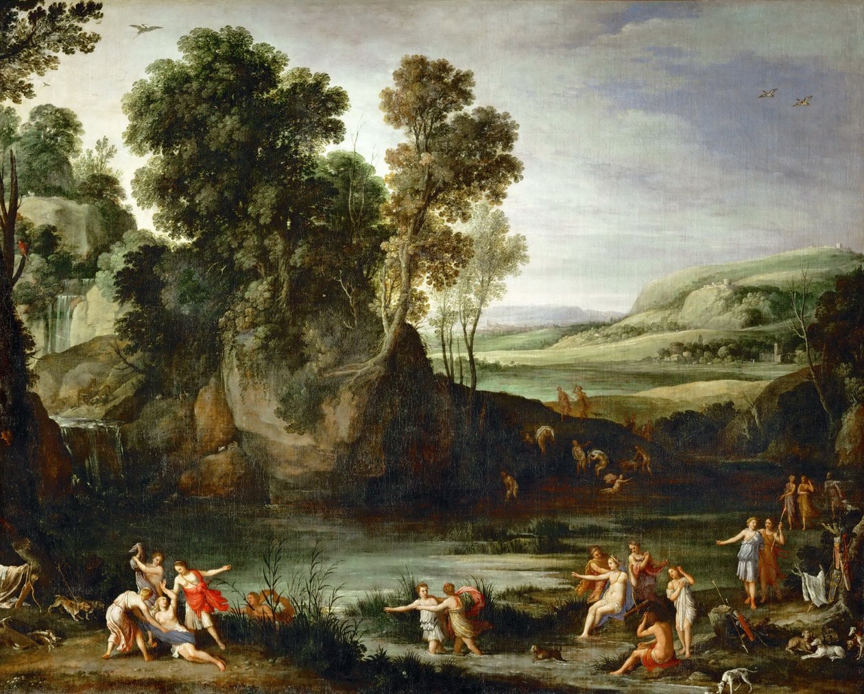 Fransk:  Diane découvrant la grossesse de Callisto Landskab med Diana, der opdager Callistos graviditet af Paul Bril