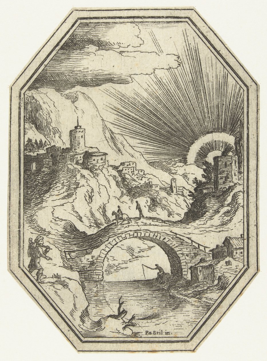 Landskab med stenbro i ottekantet ramme Octagonal Landscapes (serietitel) af Paul Bril