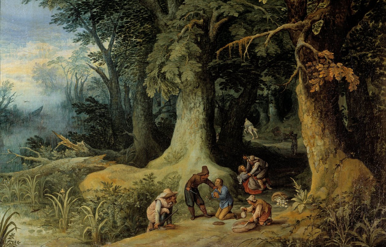 Våbenangreb i en skov En gruppe motorvejsbanditter. Maleri af Paul Bril (Brill) (1554-1626) af Paul Bril