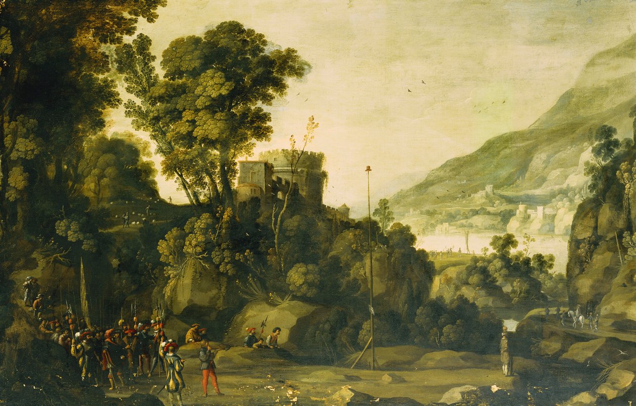 Et bjergrigt flodlandskab med en scene fra William Tells liv, af Paul Bril