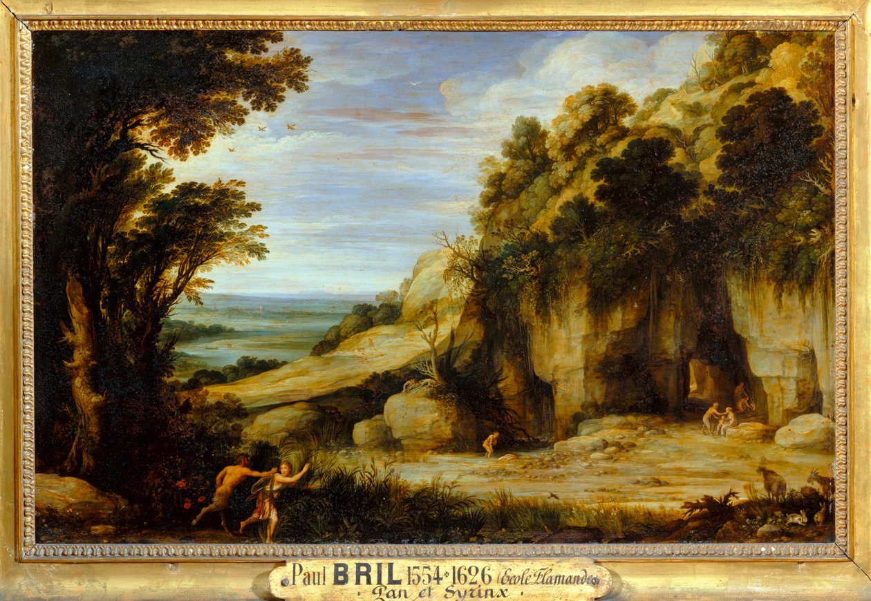 La Nymphe Syrinx poursuivie par Pan et bientôt changee en roseau - Nymfen Syrinx blev jaget af guden Pan og snart ... af Paul Brill or Bril