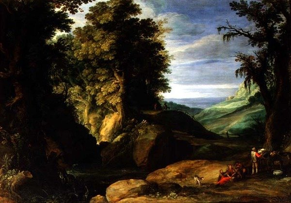 Landskab med rejsende, ca. 1610-15 (olie på lærred) af Paul Brill or Bril