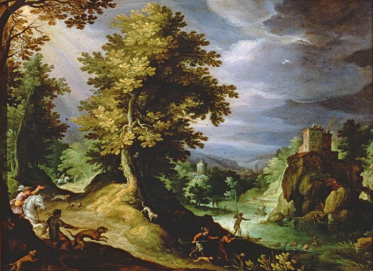 Landskab med hjortejagt, 1591 af Paul Bril