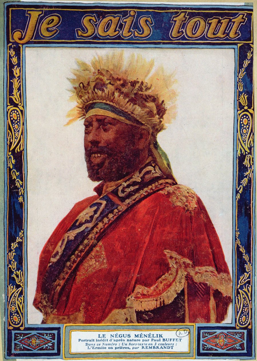 Portræt af Etiopiens Negus, Menelik II (1844-1913), illustration fra magasinet Je Sais Tout, ca. 1900 af Paul Buffet