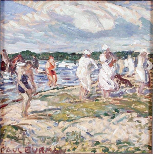 Svømmere på stranden ved Pelgurand (olie på krydsfiner) af Paul Burman