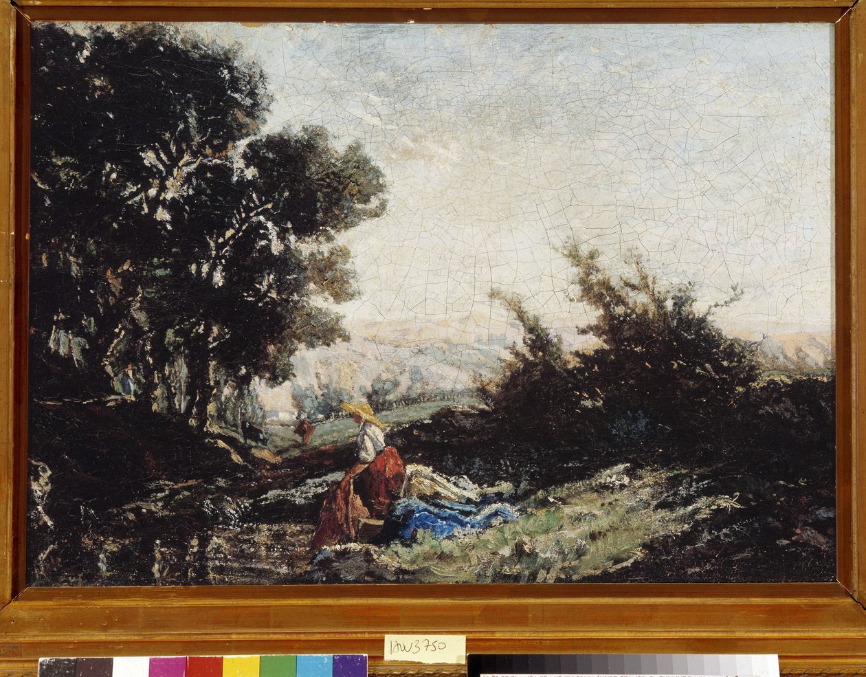 Lavandiere ved åen 19. (olie på lærred) af Paul Camille Guigou