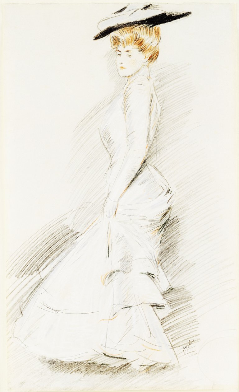 En elegant dame i en hvid kjole, af Paul Cesar Helleu