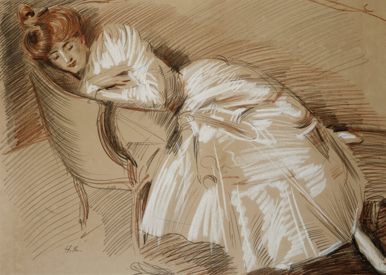 Madame Helleu tilbagelænet på en chaiselong, af Paul Cesar Helleu