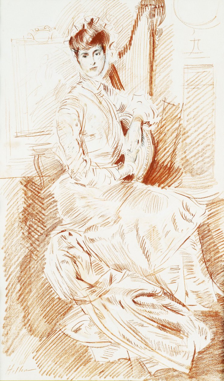 Madame Helleu siddende ved en Harpe, af Paul Cesar Helleu