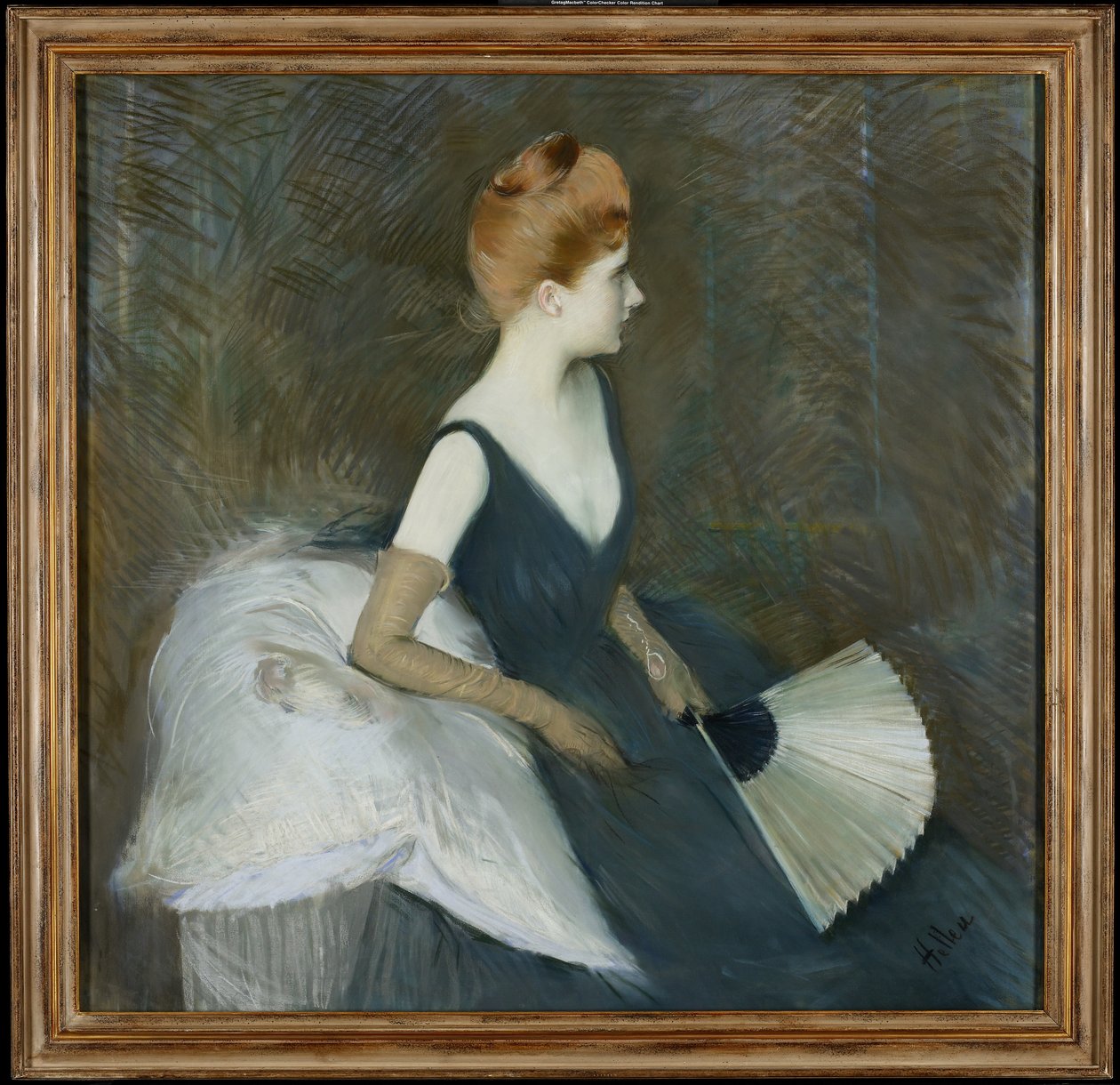 Madame Marthe Letellier sidder på en sofa og holder en vifte, ca. 1895 (pastel på lærred) af Paul Cesar Helleu