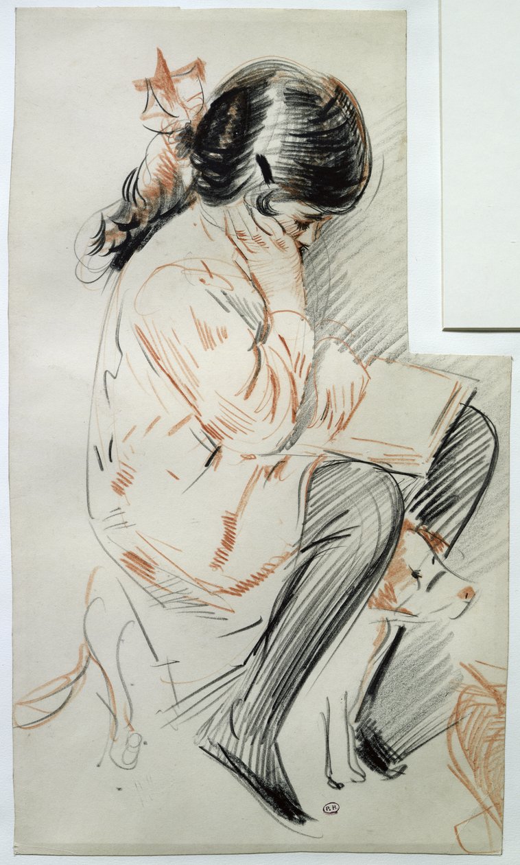 Paulette læser sidder på sin legetøjshund (farvet blyant på papir) af Paul Cesar Helleu