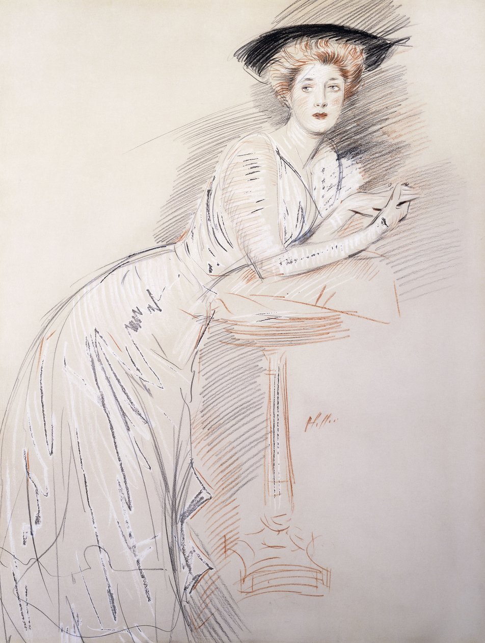 Portræt af frøken Taylor læner sig på et bord, af Paul Cesar Helleu