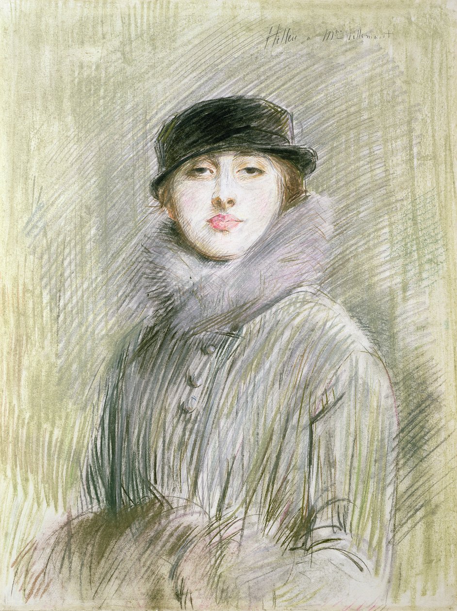 Portræt af en dame med pelskrave og muffe, 20. århundrede (tegning) af Paul Cesar Helleu
