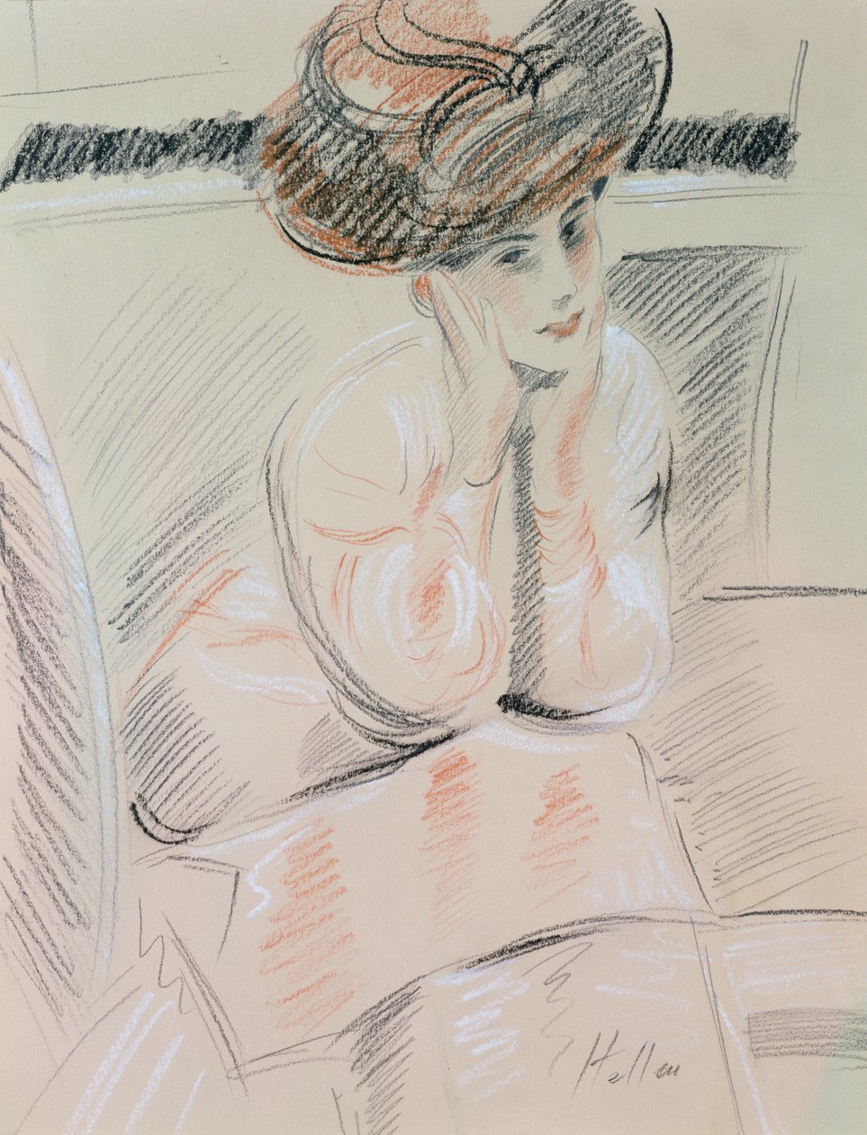 Portræt af en dame (sort, hvid og rødt kridt på buff papir) af Paul Cesar Helleu