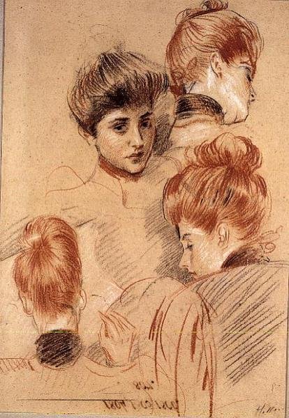 Studier af Mme. Helleu og Mme. Clarighy, ca. 1892-95 (kridt) af Paul Cesar Helleu