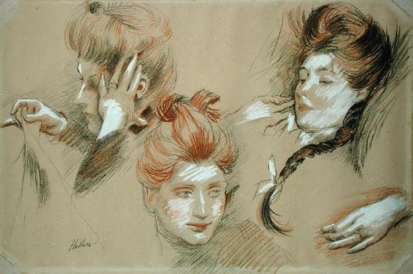 Studie af kvinder (rød og sort kridt forhøjet med hvidt på papir) af Paul Cesar Helleu