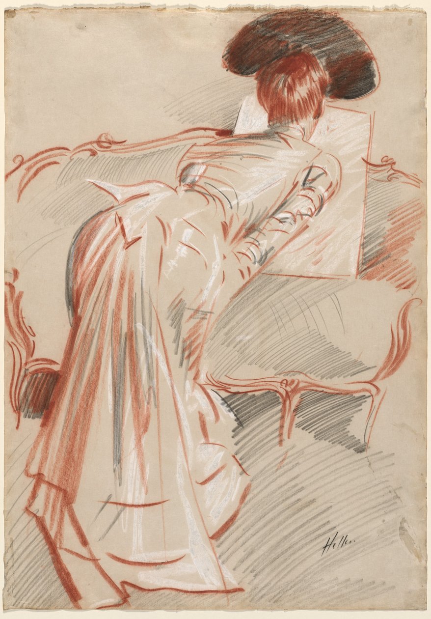 Kvinde (muligvis Madame Alice Hellu) kigger på en tegning, ca. 1895 (sort, rødt og hvidt kridt) af Paul Cesar Helleu