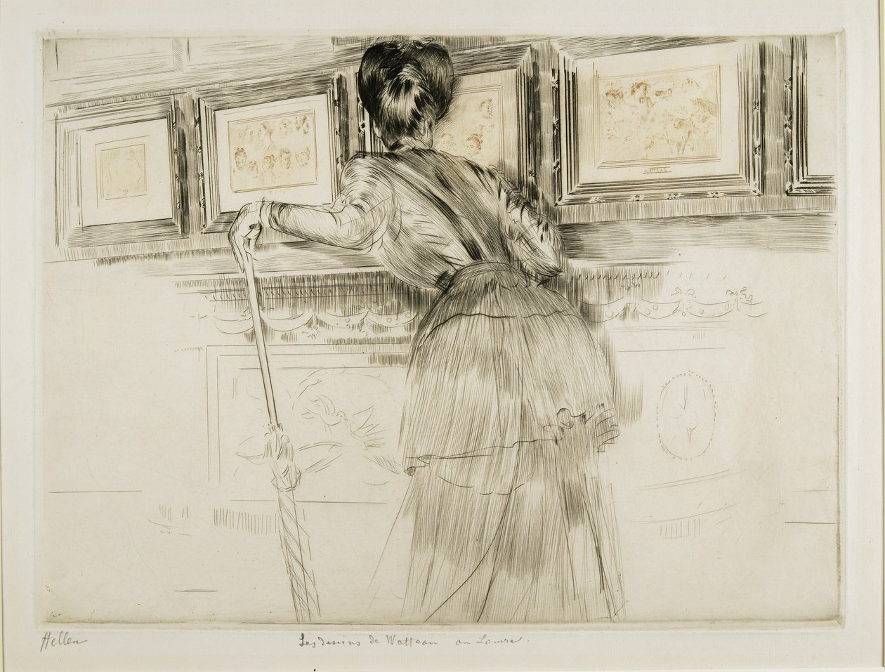 Kvinde ser på Watteau-tegninger i Louvre, ca. 1895 af Paul Cesar Helleu