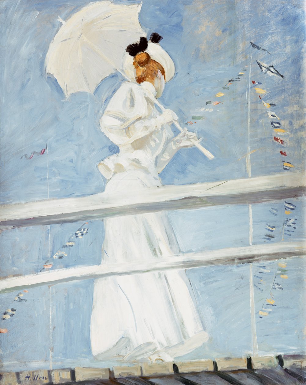 Ung kvinde med en parasol på en anløbsbro af Paul Cesar Helleu
