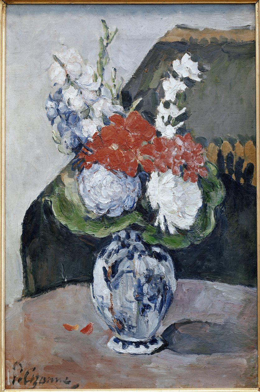 Buket i en vase af Delft (olie på lærred af Paul Cézanne