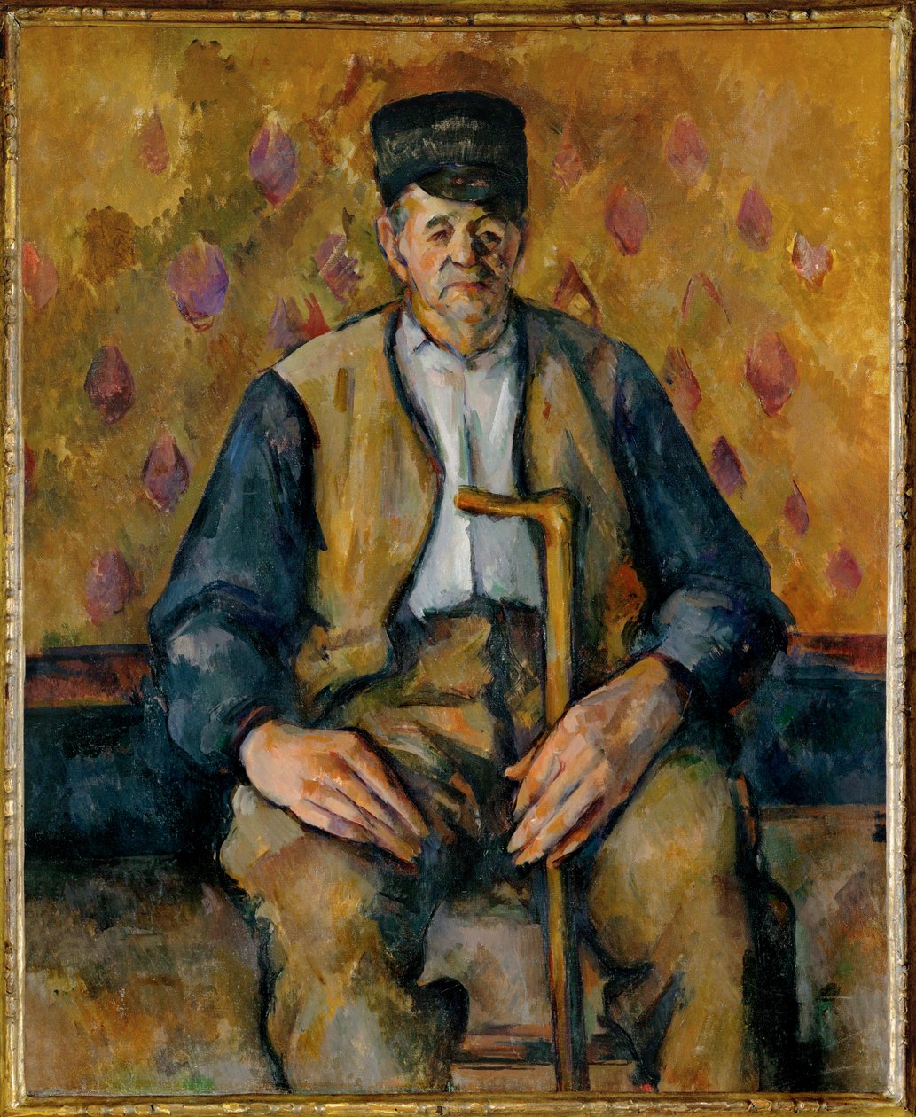 Siddende bonde (olie på lærred) af Paul Cezanne