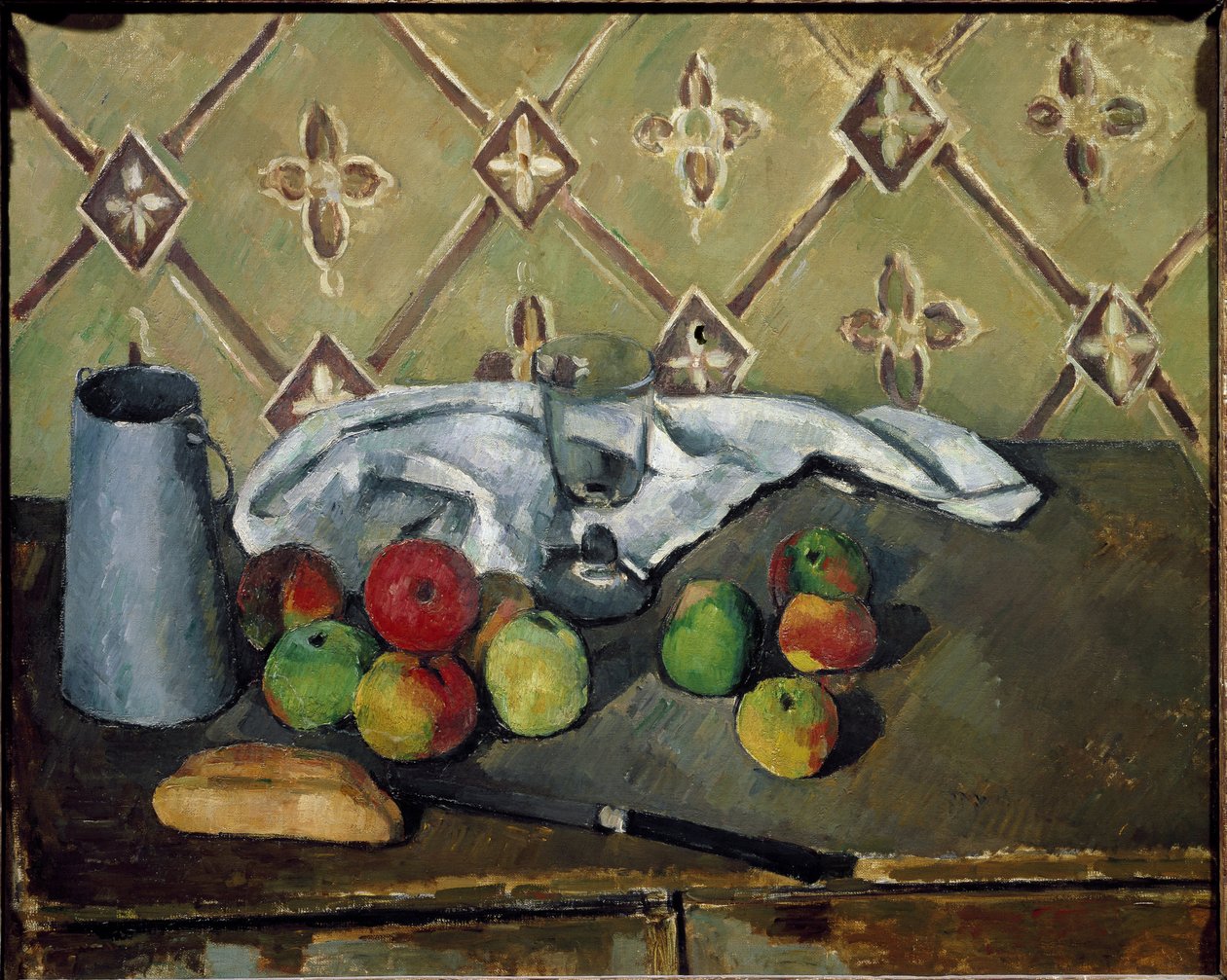 Frugter, serviet og mælkekasse - Olie på lærred af Paul Cézanne