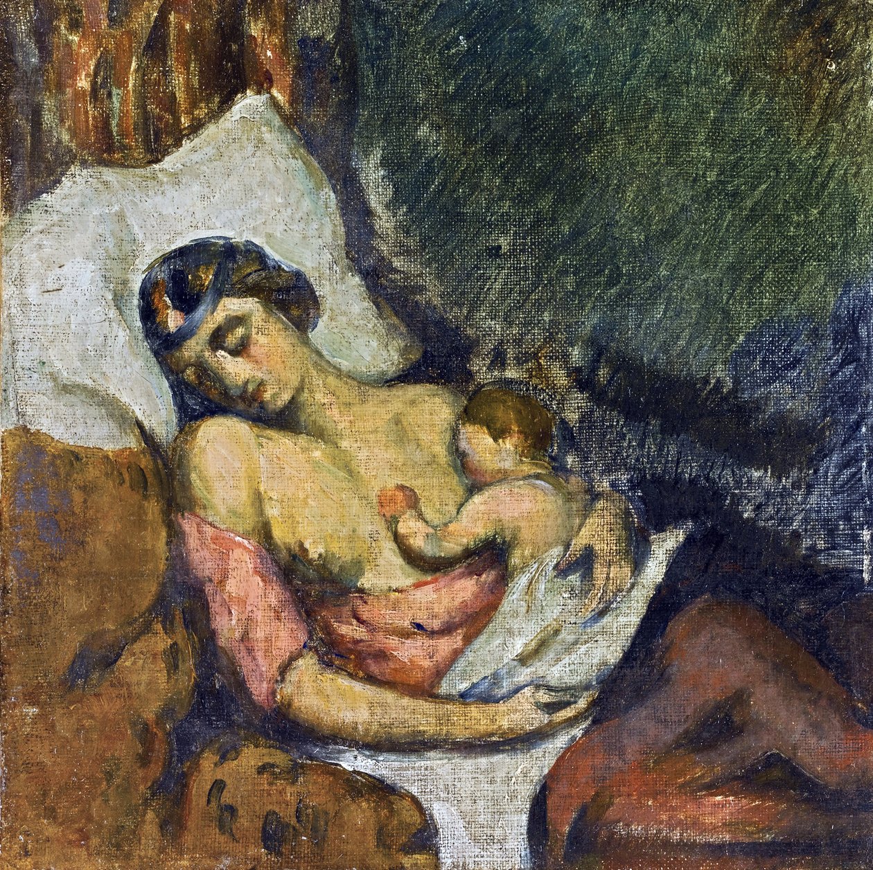 Hortense allaitant Paul - Kvinde, der ammer sit barn af Cezanne, Paul (1839-1906), ca 1872 - Olie på lærred, 23,2x23,2 - Privat samling af Paul Cézanne