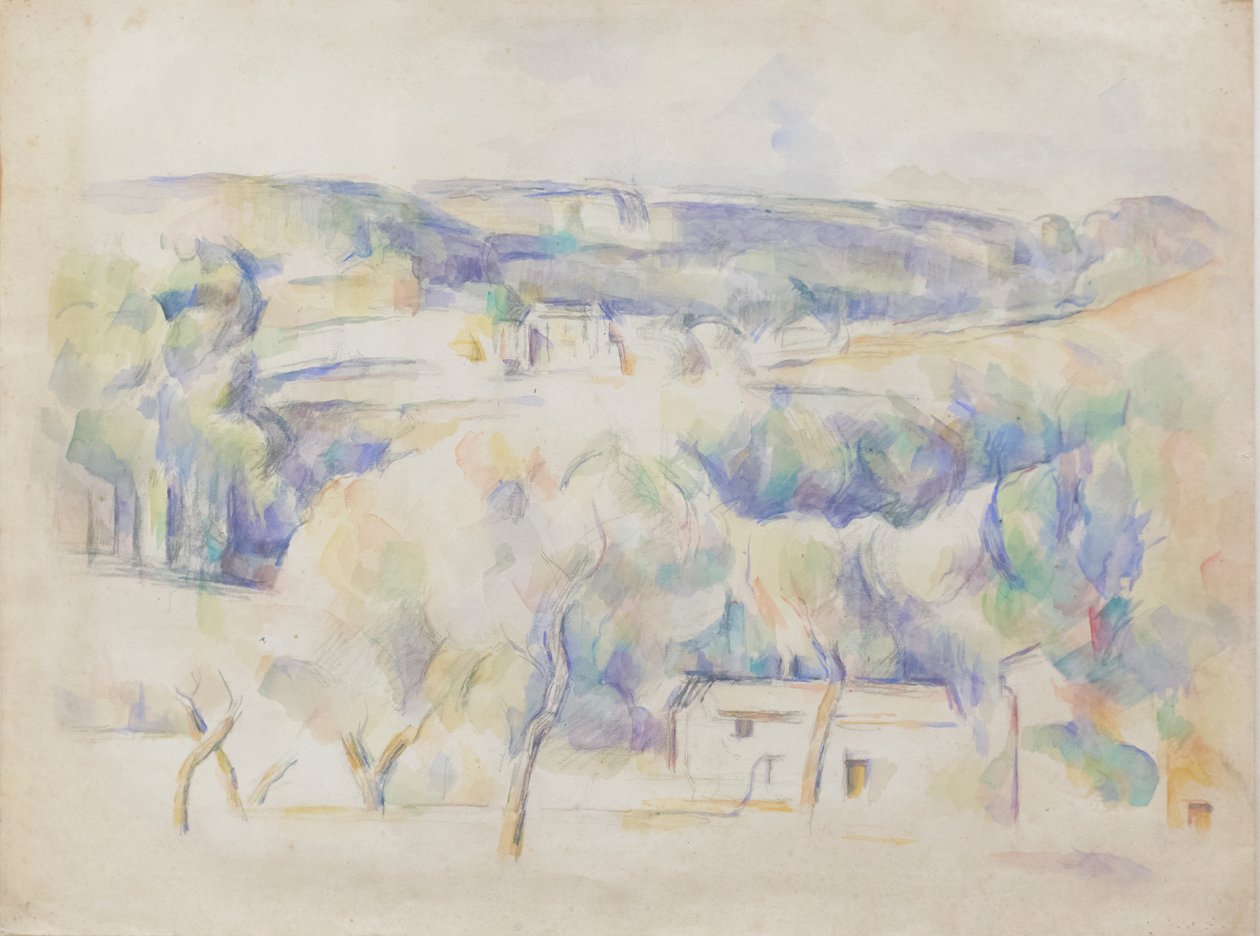 Hus og lund, ca. 1890 (blyant og akvarel på papir) af Paul Cézanne