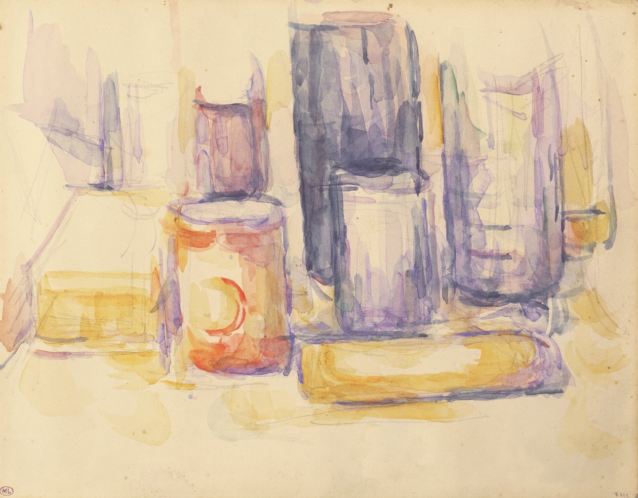 Køkkenbord: Gryder og flasker af Paul Cézanne