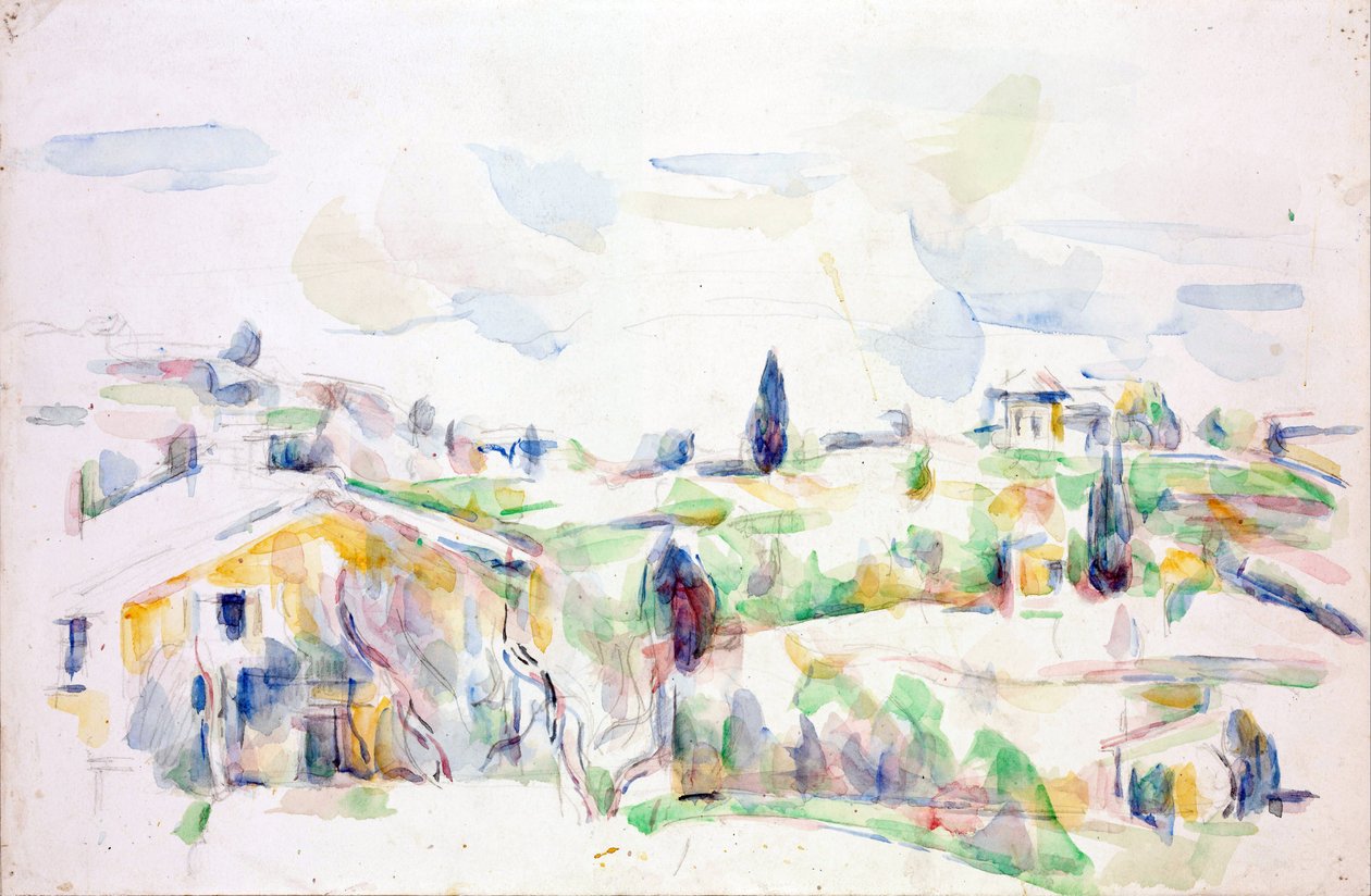 Landskab i Provence - Cezanne, Paul (1839-1906) - 1895-1900 - Akvarel på papir - 31,3x47,8 cm- Szepmuveszeti Muzeum, Budapest af Paul Cézanne