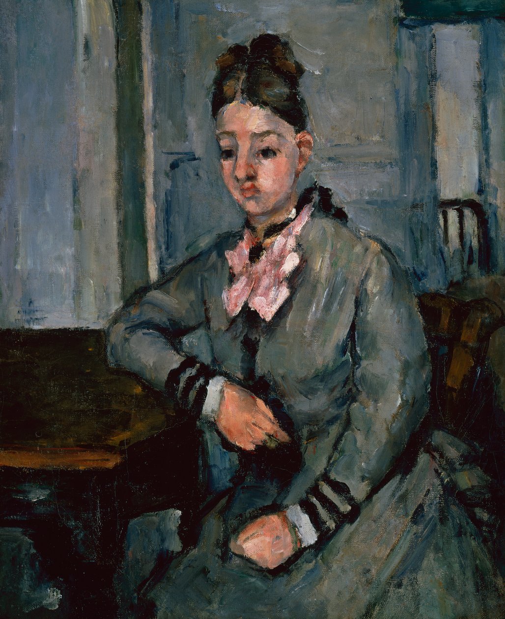 Madame Cezanne læner sig op ad et bord, ca. 1873 (olie på lærred) af Paul Cézanne