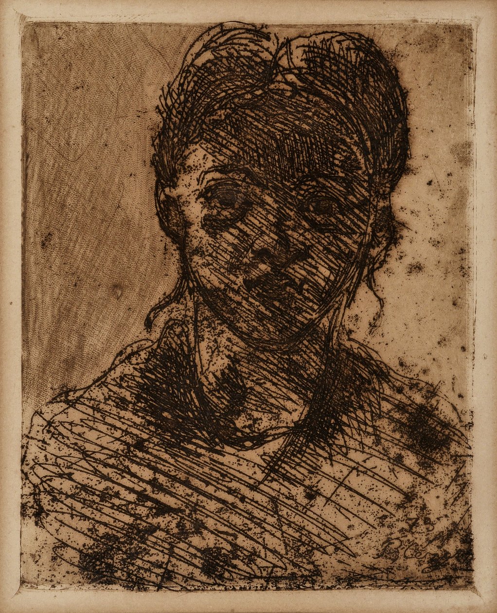 Jomfru hoved. Gravering af Paul Cezanne (1839-1906). Ætsning. Mål: 32,5 x 25 cm. Musee Granet, Aix En Provence. af Paul Cézanne