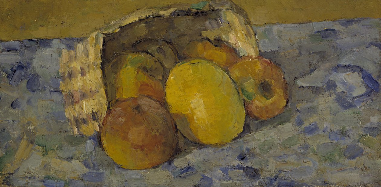 Käännetty hedelmäkori, n. 1877 (öljy kankaalle) af Paul Cézanne