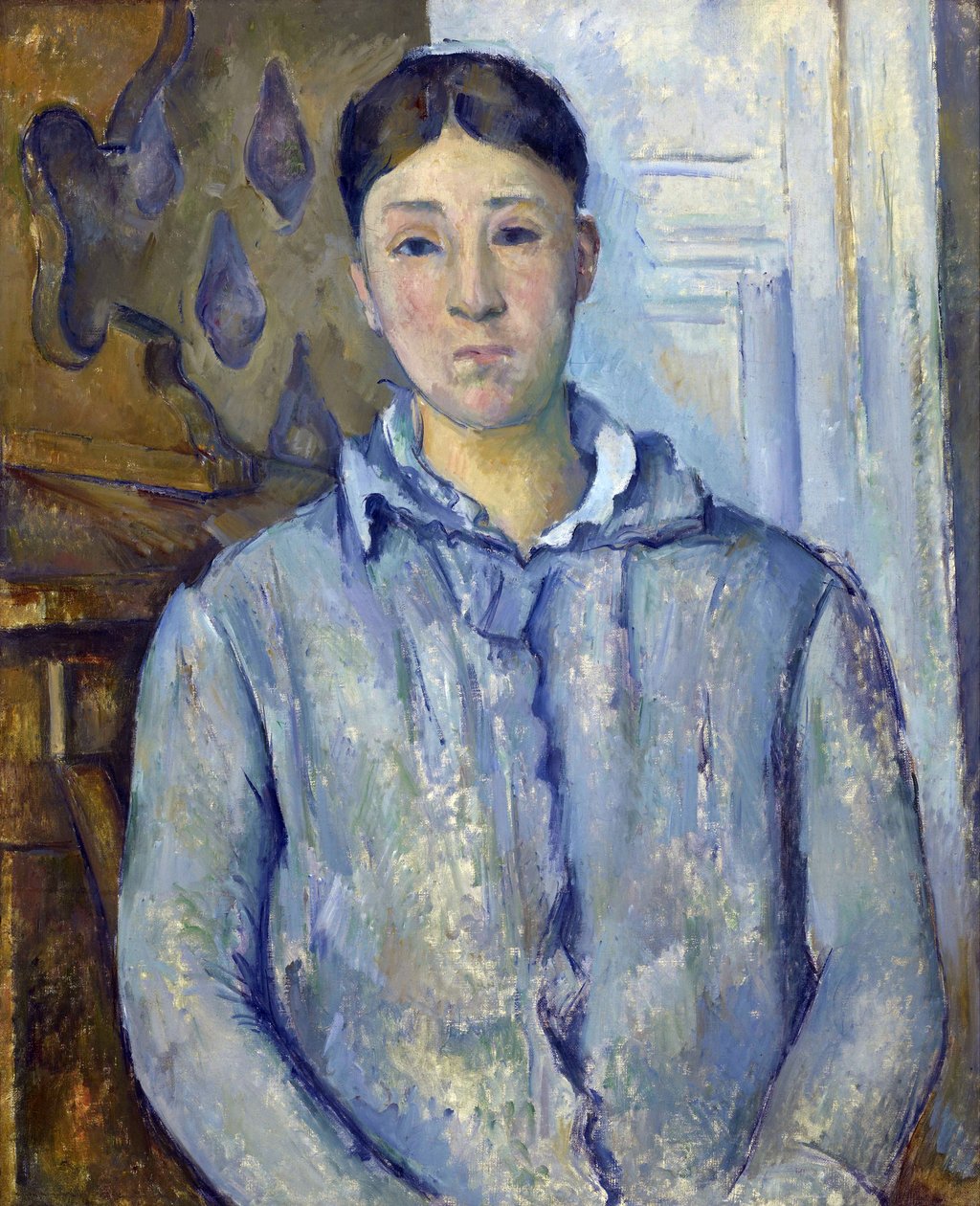 ""Portræt af Madame Cezanne i blåt"" 1888-1890. Hortense Cezanne (1850-1922), hustru til kunstneren Maleri af Paul Cezanne (1839-1906). Olie på lærred - dim 73,5x61 cm Houston, Museum of Fine Arts, Robert Lee Blaffer Memorial Collection, gave fra S af Paul Cézanne