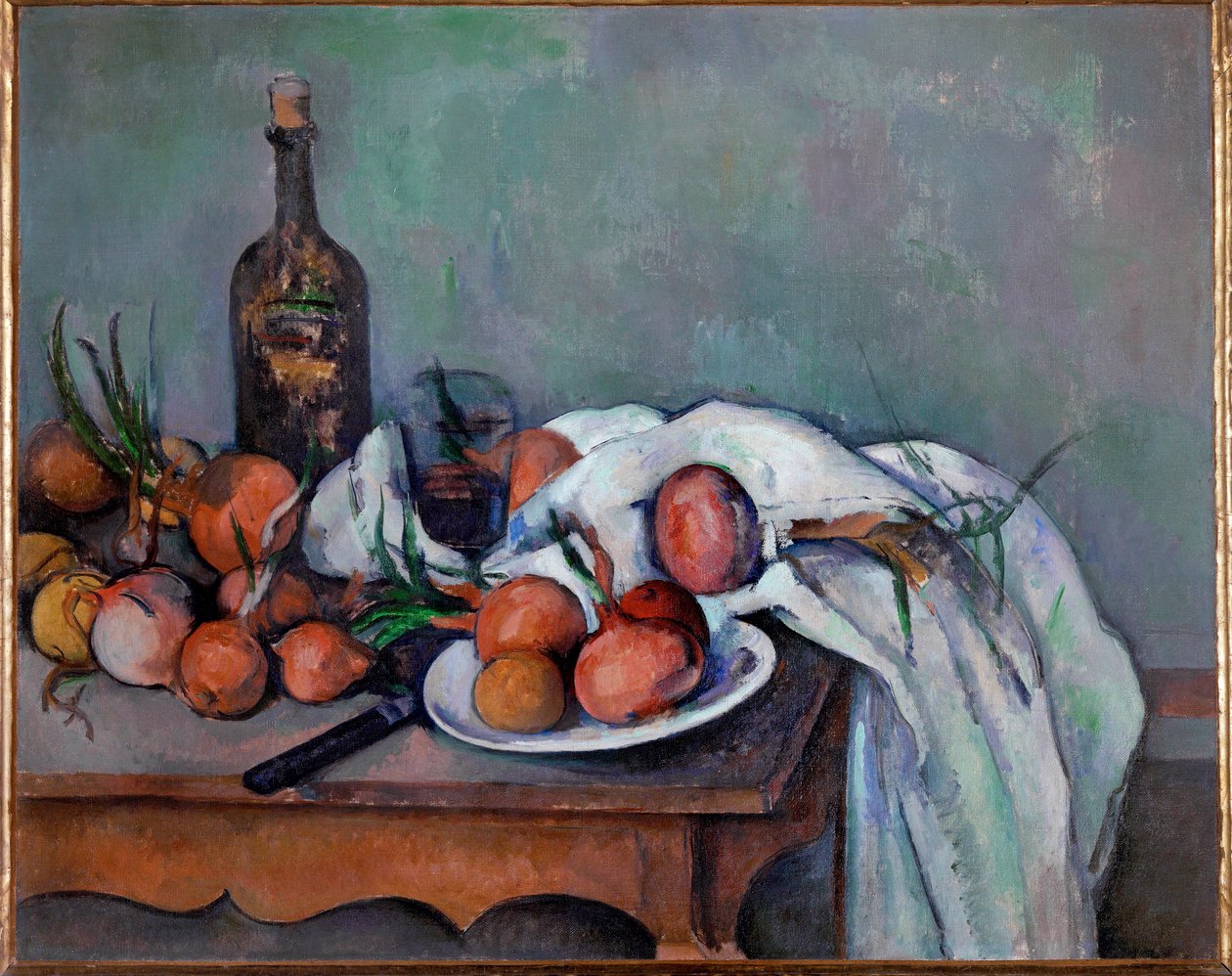 Stilleben med løg (olie på lærred) af Paul Cezanne