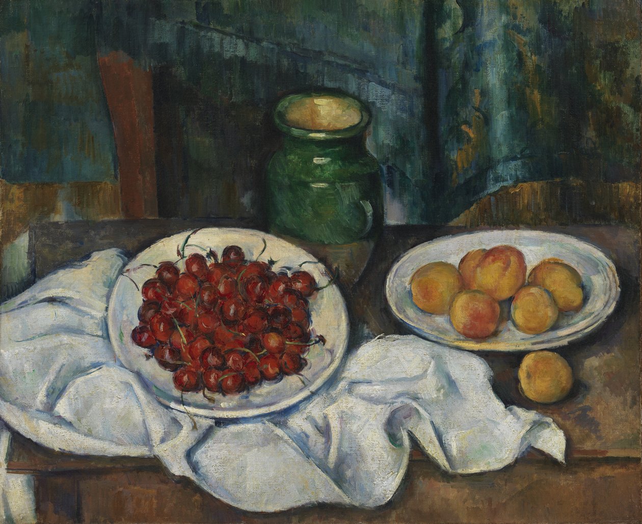 Stilleben med kirsebær og ferskner af Paul Cézanne
