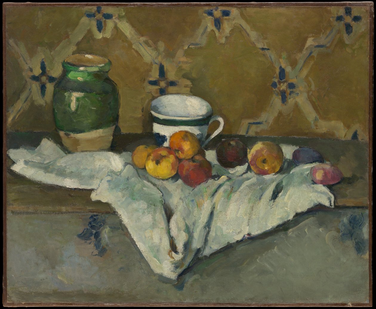Stilleben med krukke, kop og æbler af Paul Cézanne