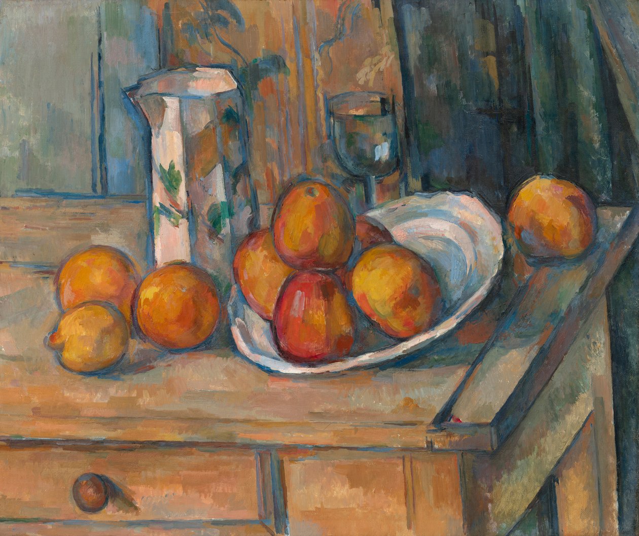 Stilleben med mælkekande og frugt af Paul Cézanne