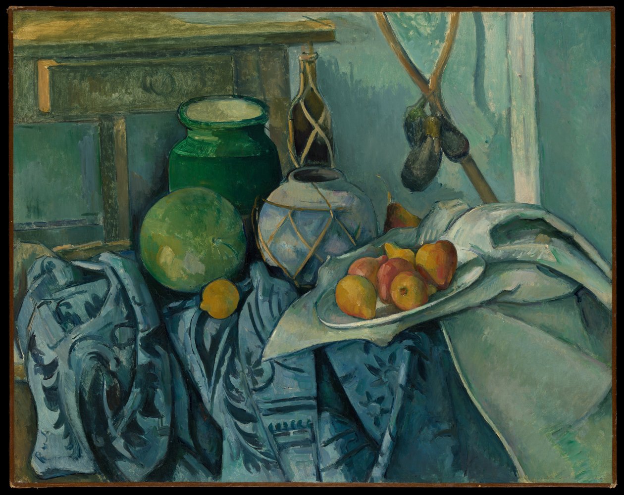 Stilleben med en ingefærkrukke og auberginer af Paul Cézanne