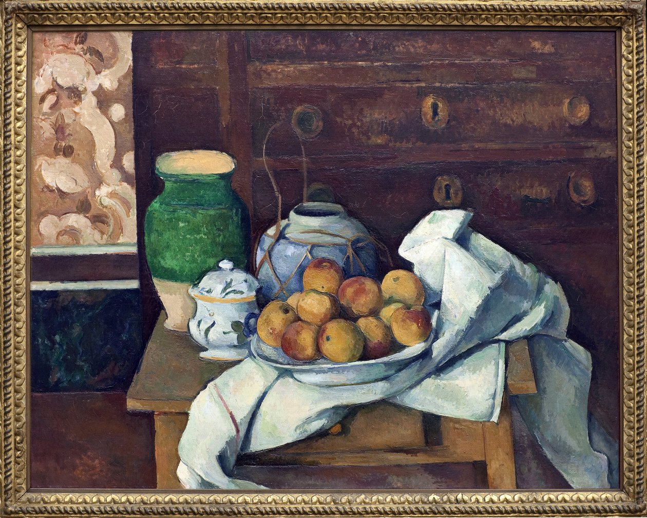 Stilleben har kommoden. Maleri af Paul Cezanne (1839-1906), olie på lærred omkring 1885. Fransk kunst af Paul Cézanne