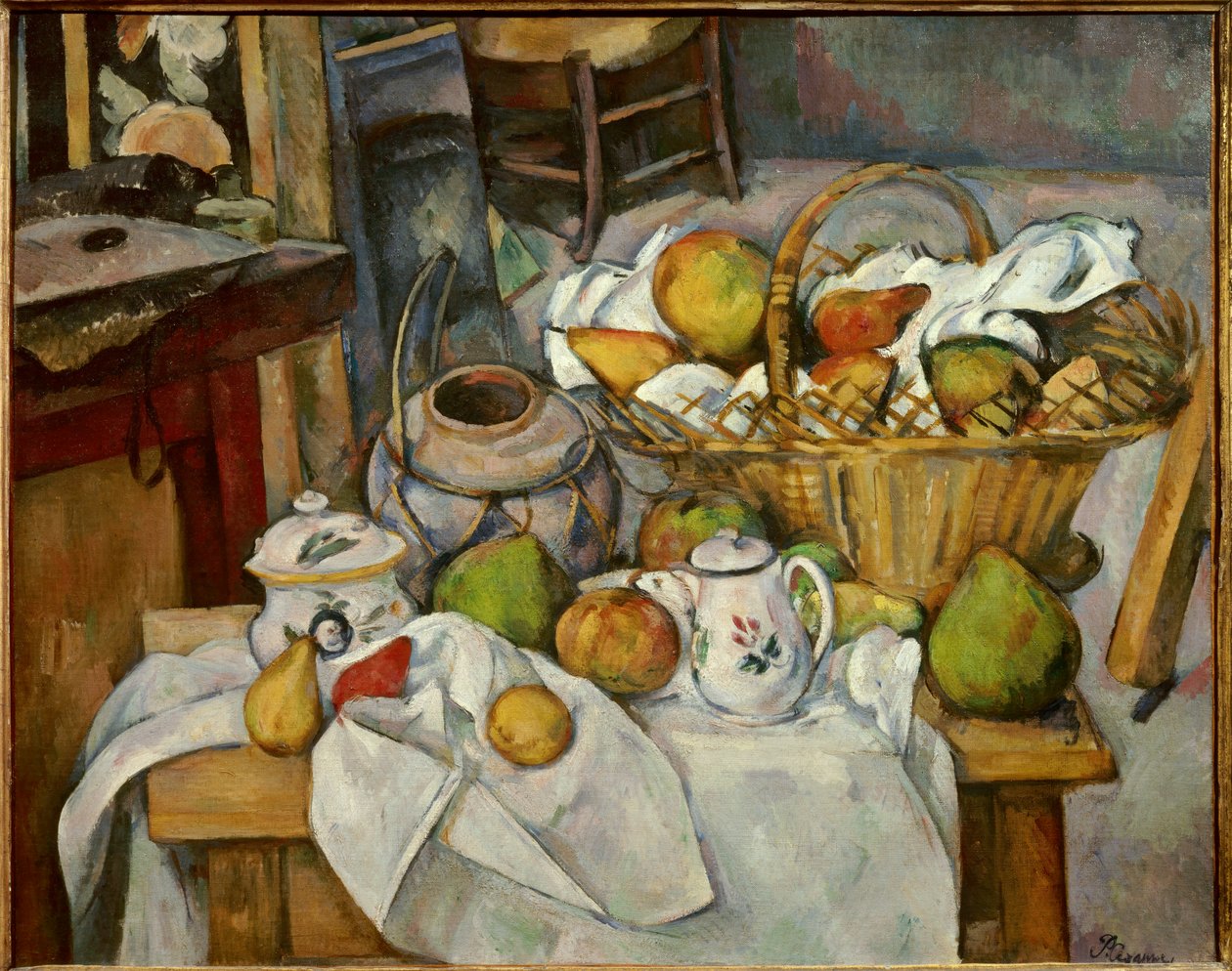 Stillebens køkkenbordet i en frugtkurv poserer på et bord. Maleri af Paul Cezanne (1839-1906) 1888 søn. 0,65x0,81 m Paris, musee d