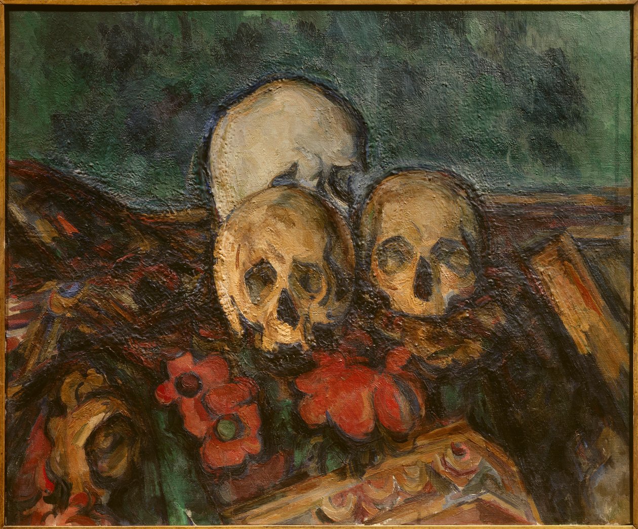 Tre skind på et orientalsk tæppe Maleri af Paul Cezanne (1839-1906) 1898 Solothurn. Kunstmuseum. - Tre kranier på et orientalsk tæppe. Maleri af Paul Cezanne (1839-1906) af Paul Cézanne