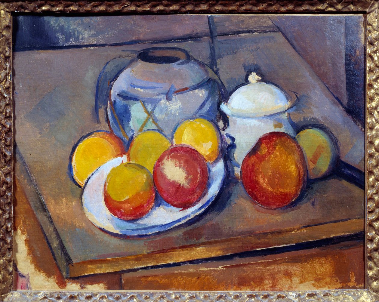 Vasehalm, sukkerskål og æbler Maleri af Paul Cezanne af Paul Cézanne