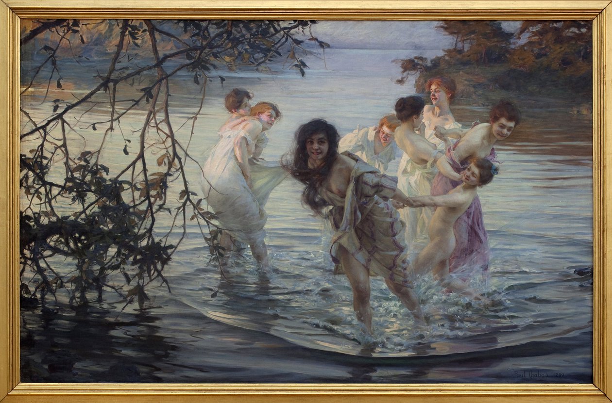 Glade ebats. Unge kvinder har det sjovt, mens de svømmer i vandet i en flod. Maleri af Paul Emile Chabas (1869-1937), olie på lærred, ca. 1899. Museum of Fine Arts i Nantes. af Paul Chabas