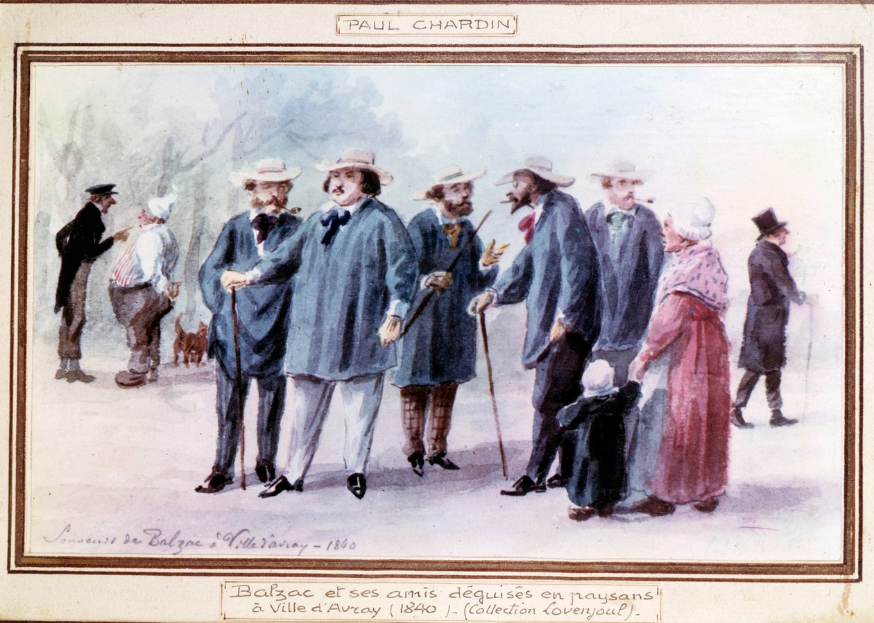 Den franske forfatter Honore de Balzac (1799-1850) og hans venner forklæder sig som bønder i byen Avray i 1840. Akvarel malet efter hukommelsen af Paul Chardin (1833-?) af Paul Chardin