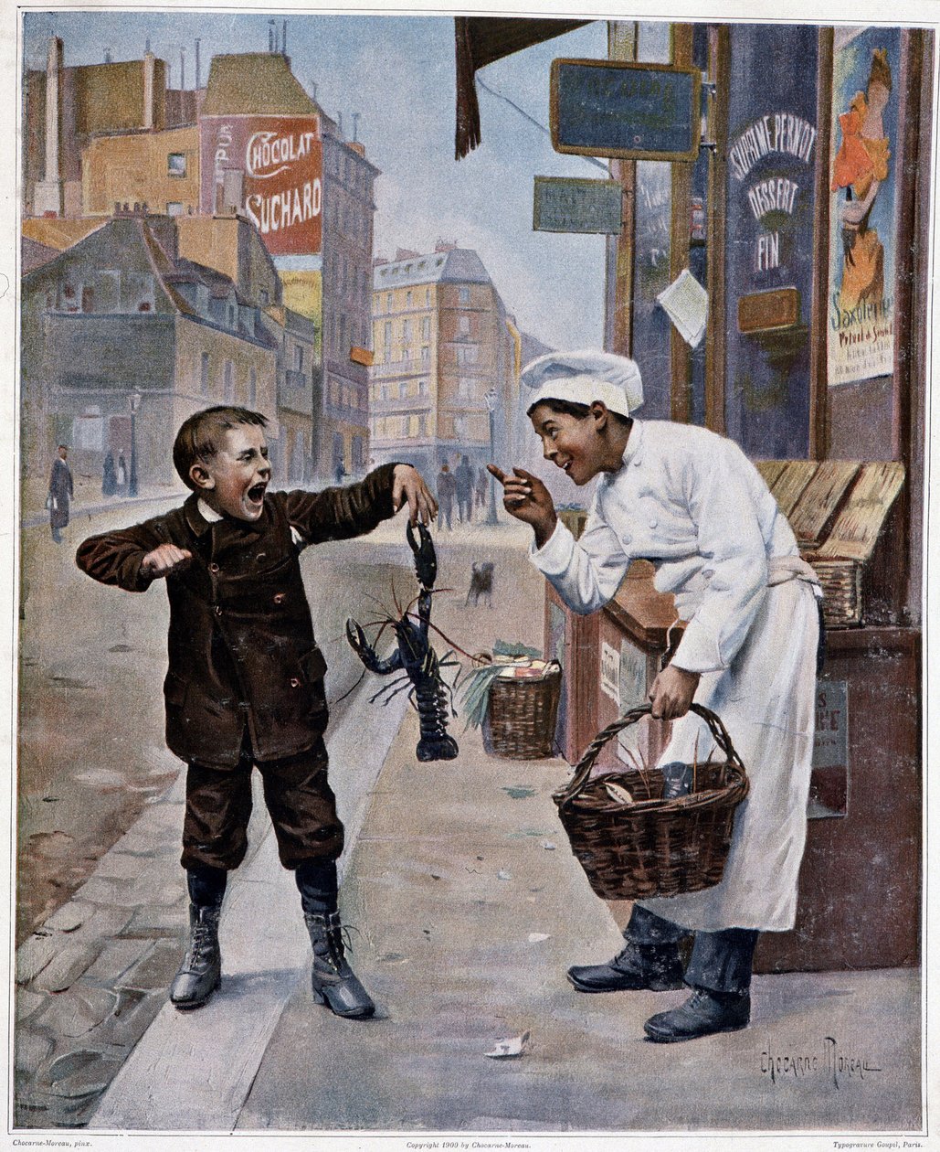 Ung kok laver grin med et barn, der bliver klemt af en hummer - tegning af Chocarne-Moreau af Paul Charles Chocarne Moreau