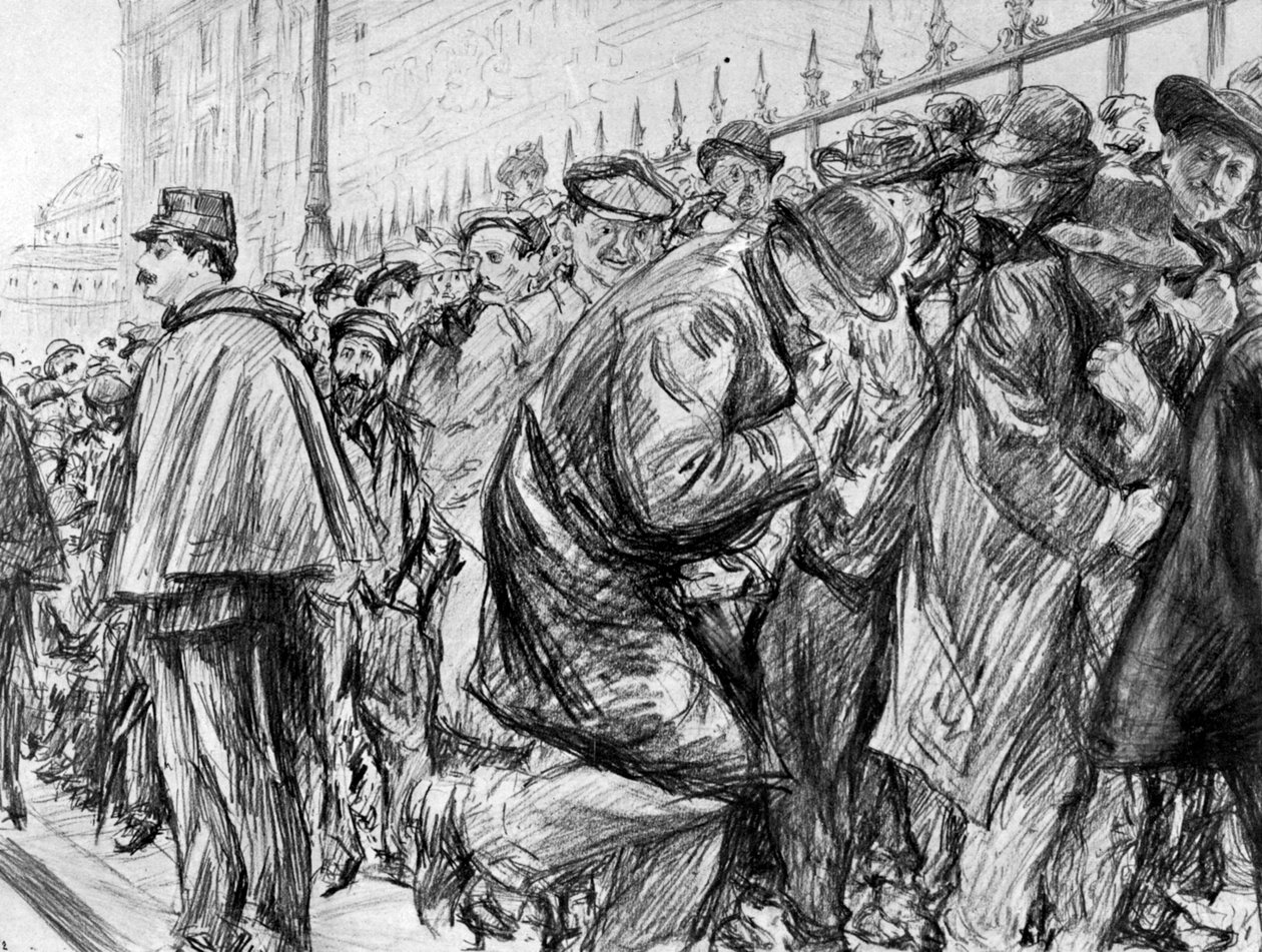 Queue outside the Palais de Justice during the trial of Marguerite Steinheil, Paris, France, 1909dani af Paul Charles Renouard