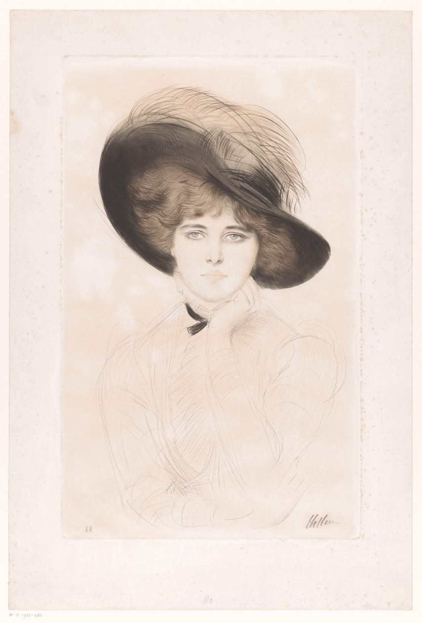 Portræt af en ukendt kvinde med en hat af Paul César Helleu (signed by artist)