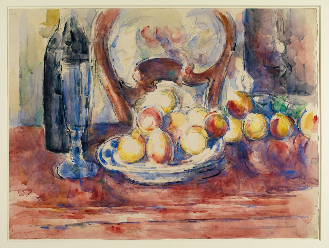 Æbler, flaske og stolerygge, ca. 1904-06 (grafit og akvarel på vævet papir) af Paul Cézanne